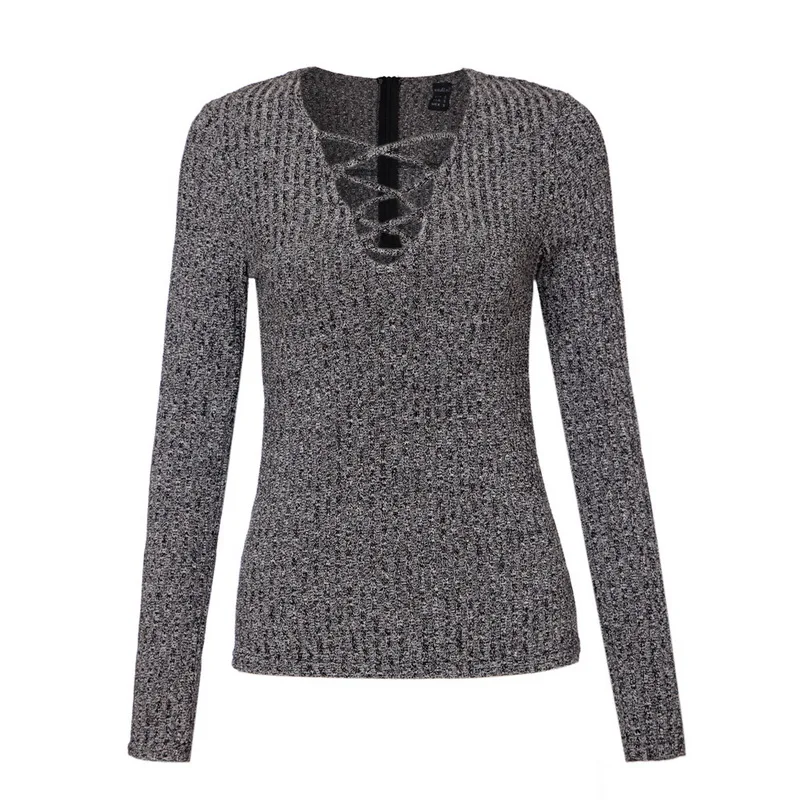 Vadim women sexy v neck knitted sweater bandage pullover lace up Elastic low cut cross bodycon long sleeve casual tops SW867 | Женская