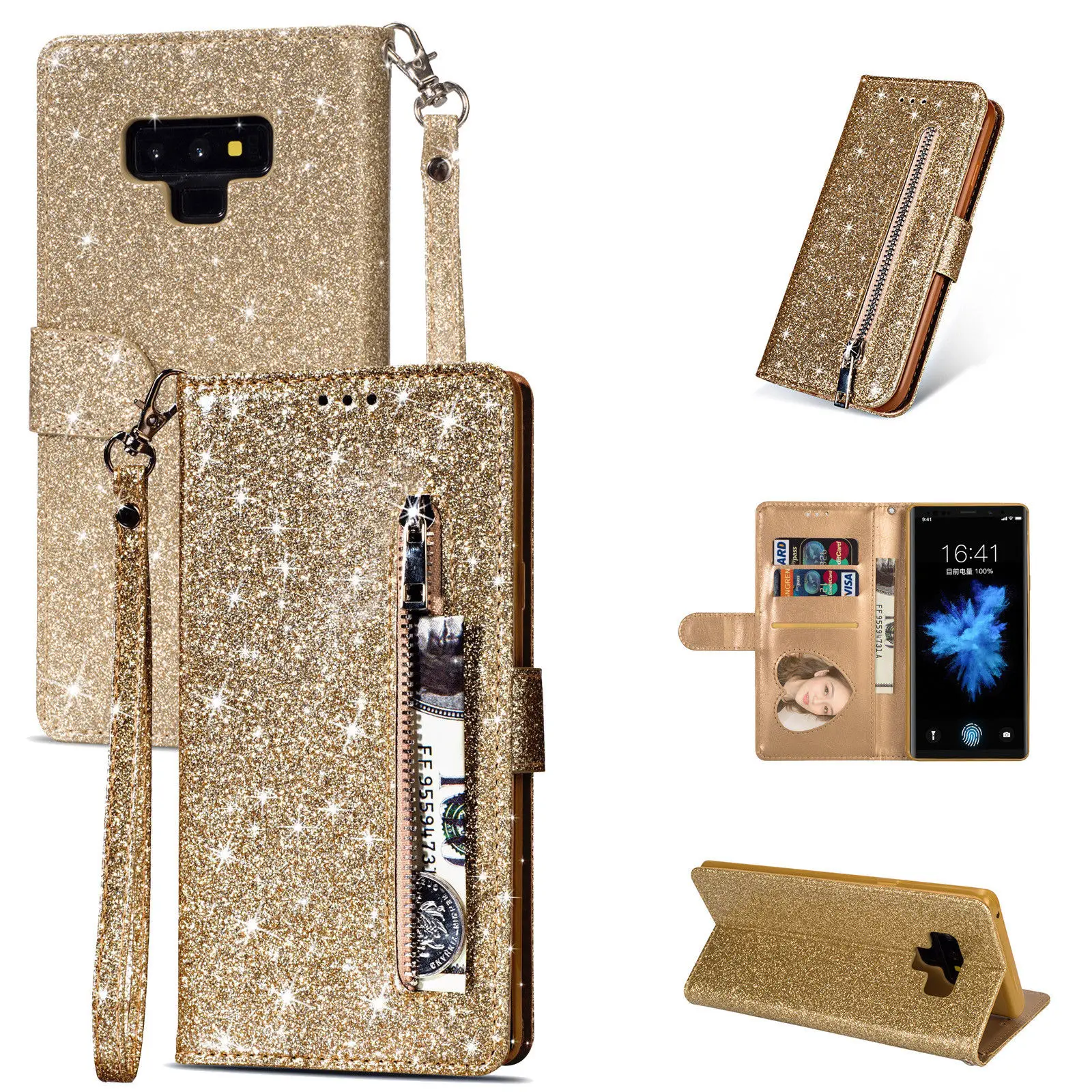 Gold Чехол сверкающий с блестками для samsung Galaxy S10e Note 8 9 S10 Plus S9 S8 Plus S7 Edge S6 кожаный откидной Чехол-кошелек на молнии - Цвет: Gold