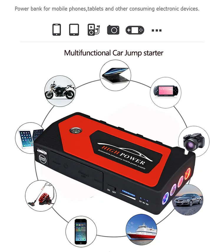Многофункциональный Jump Starter 69800 мА/ч, 12V 4USB 600A Портативный автомобиля Батарея усилитель Зарядное устройство усилитель Мощность power Bank пусковое устройство