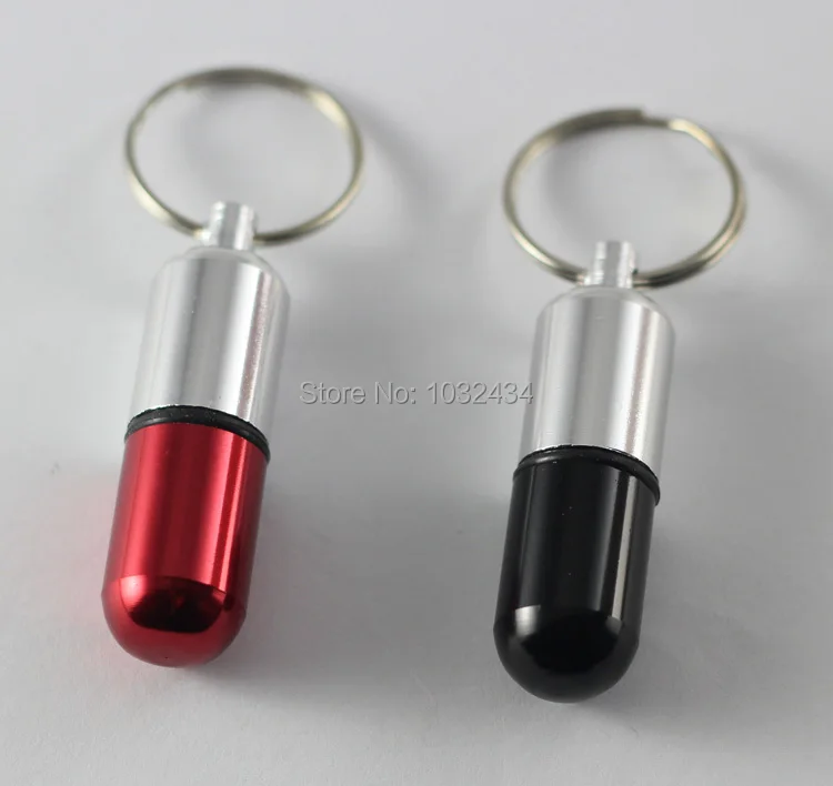 

100 pcs /lot wholesale Capsule mini keychain small metal container aluminum pill box holder keychain medicine box with ring