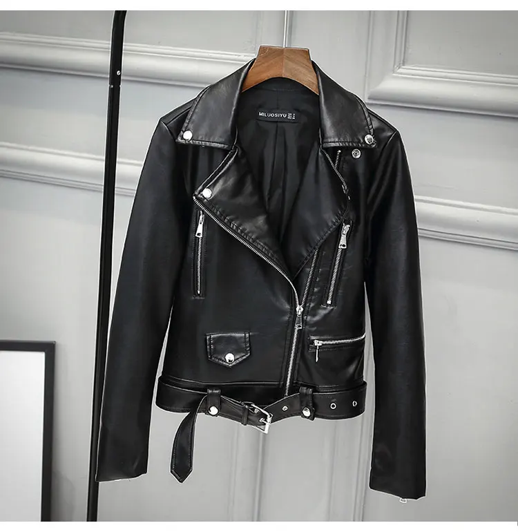 New Fashion Women Autumn Winter Black Faux Pu Leather Jackets Woman Zipper Basic Coats Turn-down Collar Biker With Belt | Женская одежда