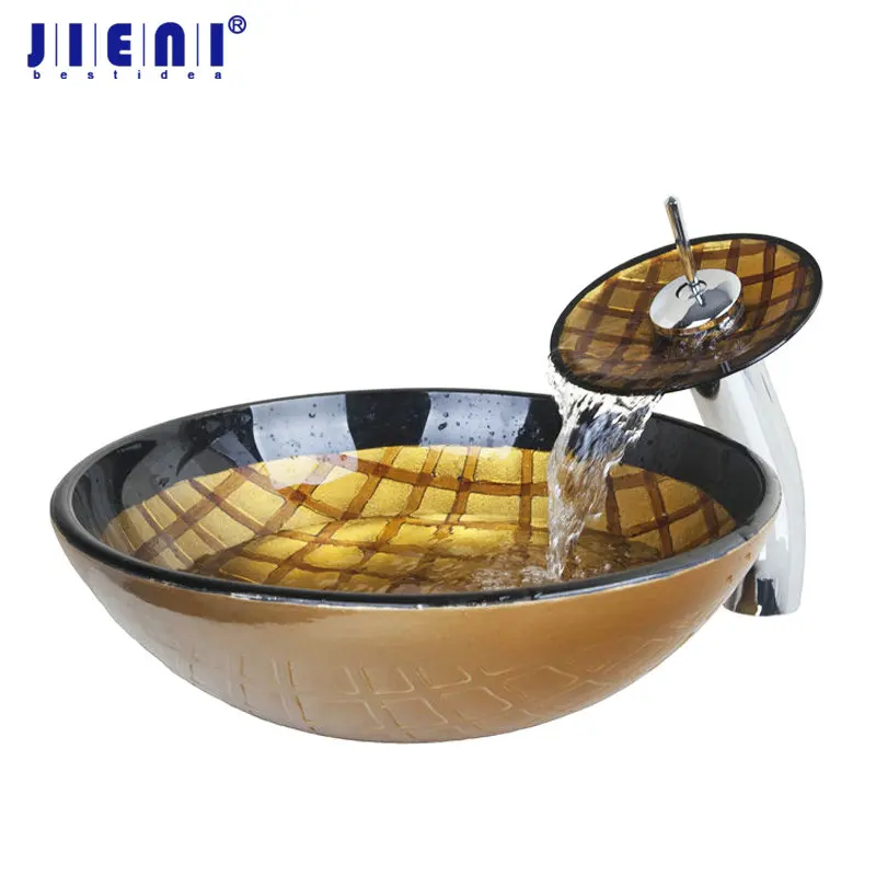 

JIENI Brown Lattice Tempered Glass Round Vessel Sink Bathroom Sink Set With Waterfall Polished Chrome Bathroom Faucet Sets