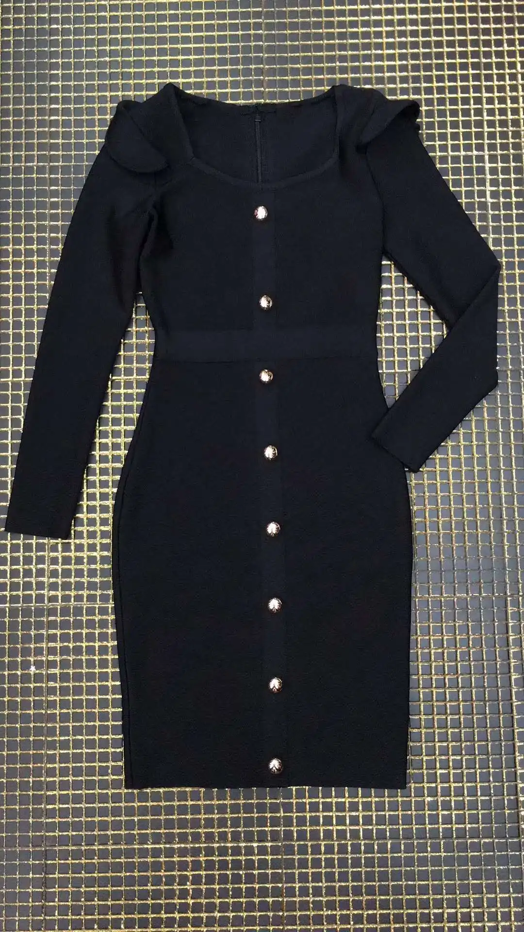 

KLEEZY new fashion bandage button elegant ruffles full sleeve strapless party Knee-Length sheath vestidos dress DHH4016