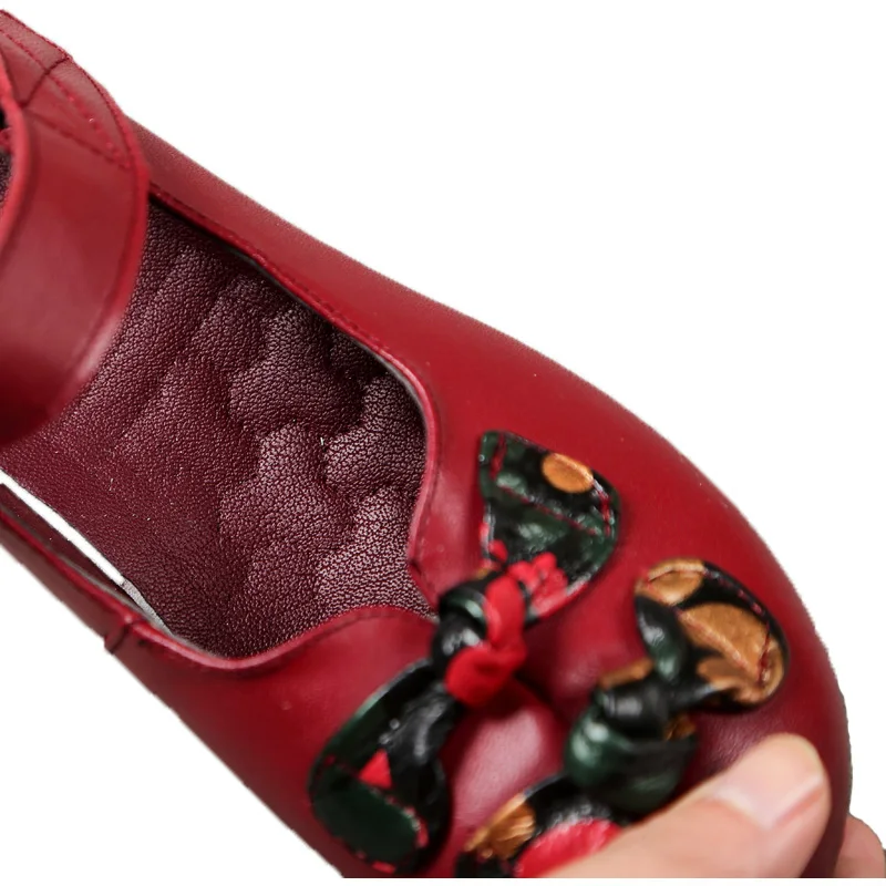 

DRKANOL Spring Summer Women Pumps Retro Natural Genuine Leather Thick Heels Women Casual Shoes Round Toe Bowtie Mother Shoes
