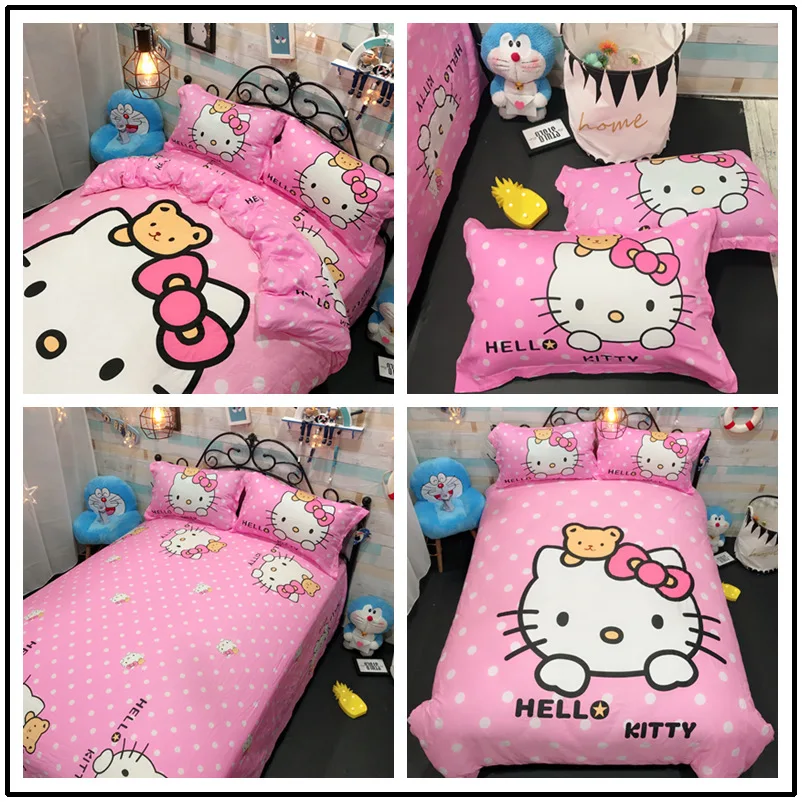 Hello kitty Милый хлопковый Детский Комплект постельного белья, простыня фиолетового цвета, мультяшная девочка KT, 4 шт., милые пододеяльники и одеяла, розовый цвет