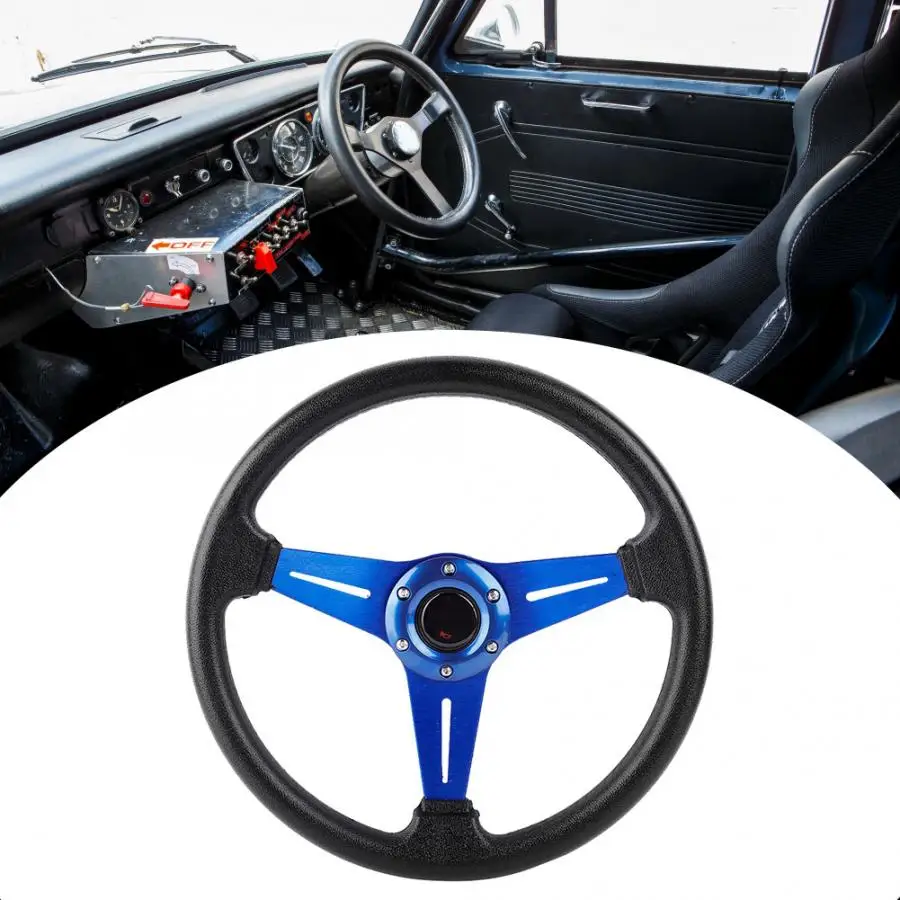 14in 350mm Universal Aluminum PU Leather Car Sport Racing Drift Steering Wheel Blue Automobiles Steering Wheel Hubs