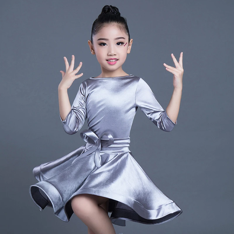 Latin Dance Dress Girls Children Bright Satin Professional Ballroom Practice Wear For Kids Stage Performance Outfits DL3191 |