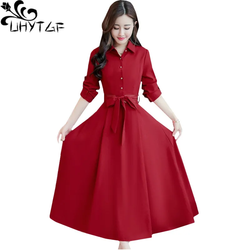 UHYTGF Fashion Women Long Dress Cotton Silk And Linen Long Sleeve Spring Autumn Dress Lace-Up Slim Female Big Size Dresses 1277