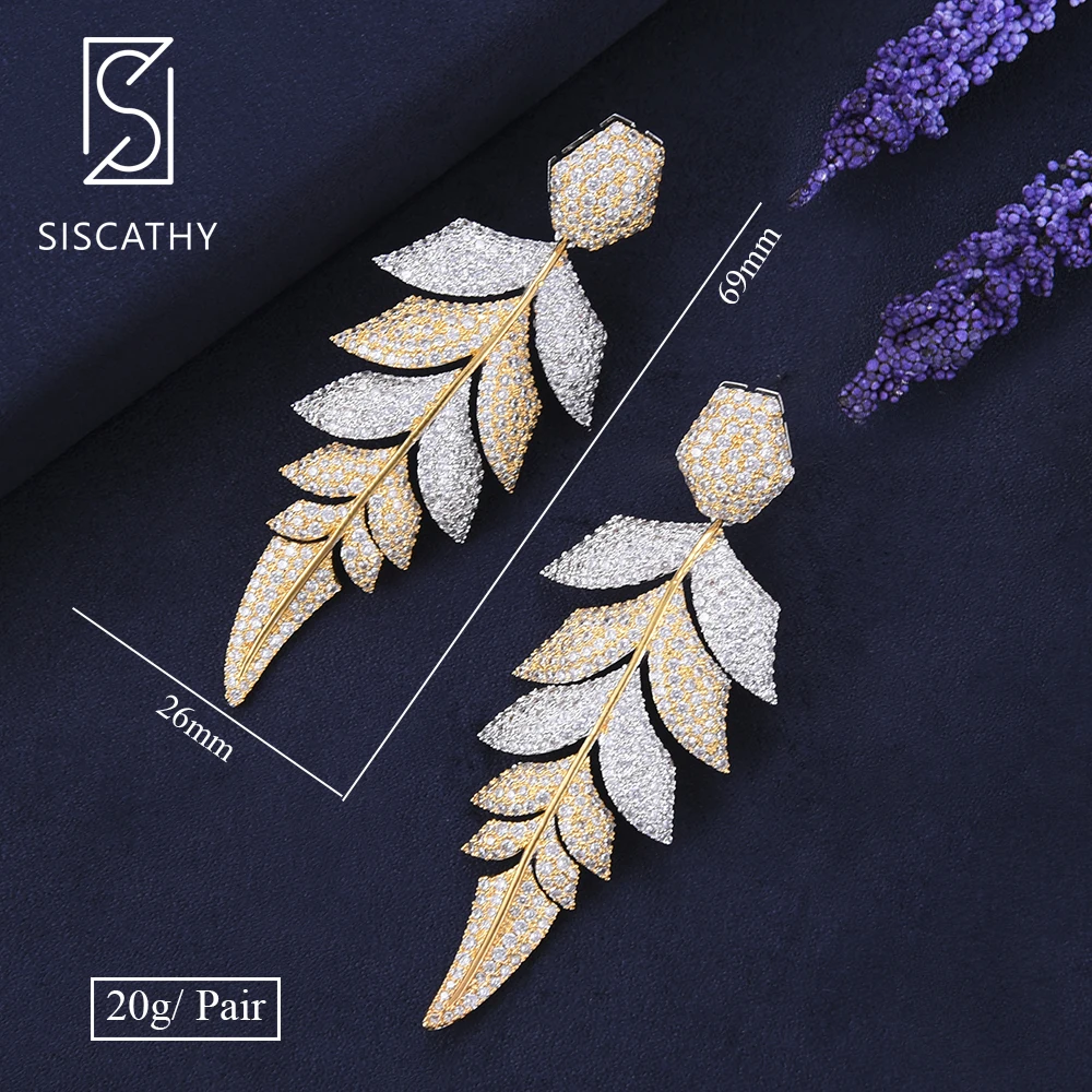 

Siscathy 26*69mm Fashion Big Leaves Earrings Cubic Zirconia Inlaid Drop Dangle Earrings For Nigerian African Bridal Engagement