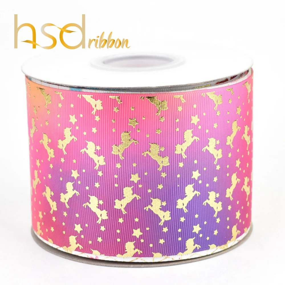 HSDRibbon 75 мм 3 дюйма маленький Единорог узор Золотая фольга напечатаны на HT Grosgrain ленты