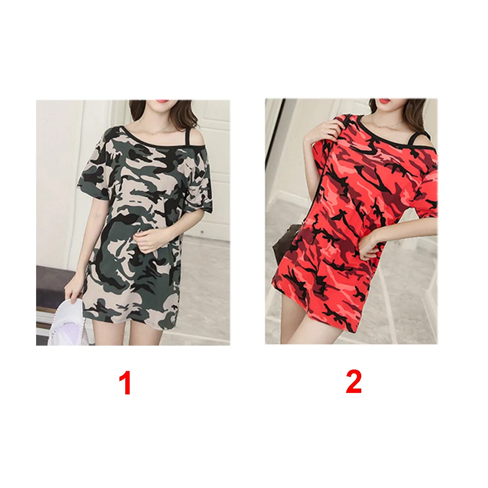 Камуфляжное платье-футболка женская летняя сексуальная с открытыми плечами