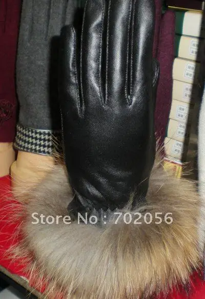 Fox fur Real lambskin Gloves skin gloves LEATHER GLOVES Warm Fashion 6pairs/lot #2419