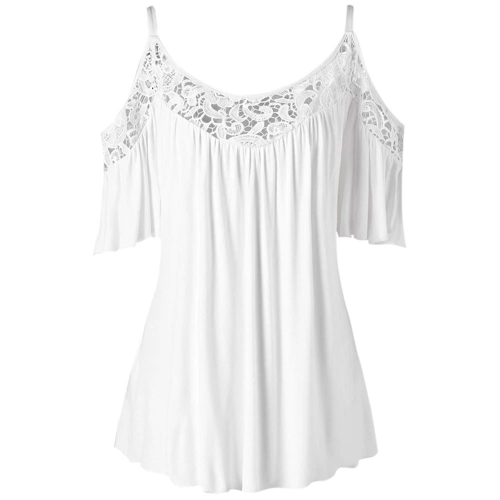 Женская летняя блузка ROSEGAL белая кружевная с открытыми плечами и вставками 2019 |
