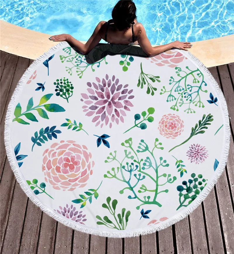

Green Leaves Round Beach Towel For Adult Colorful Print Soft Microfiber Shower Bath Towel Travel Blanket Swimming Cover 150CM