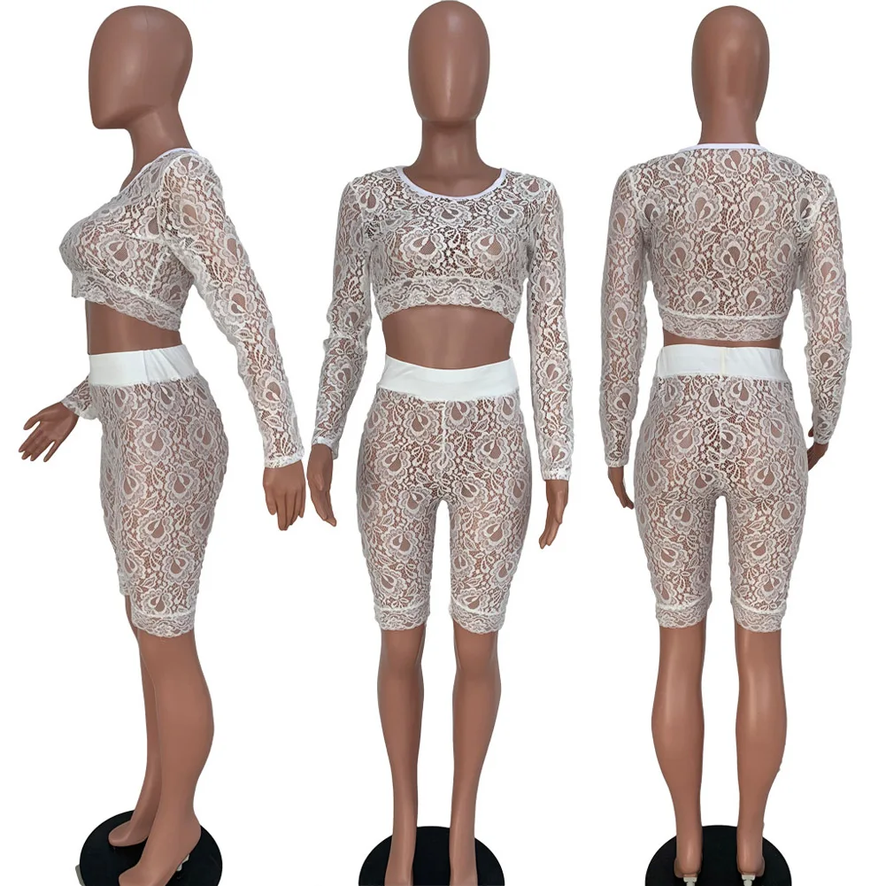 Летний женский укороченный кружевной топ и шорты 2 шт./компл. накидка вязаный