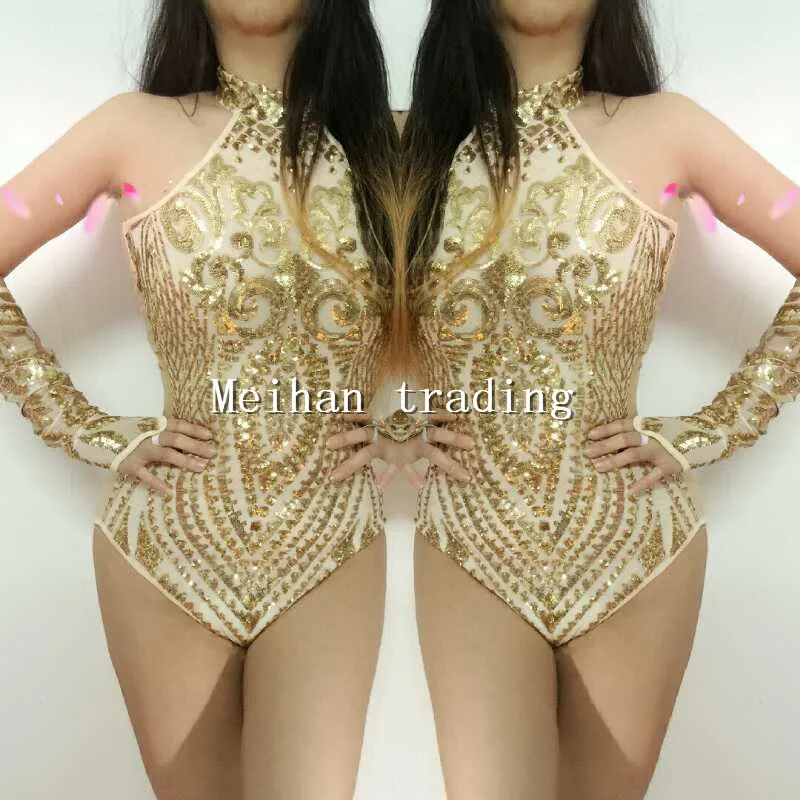 Gold Sequins Bodysuit Flashing Two-piece Outfit Shining Sexy Birthday Party Costume Celebrate Show Women Evening Dance Wear