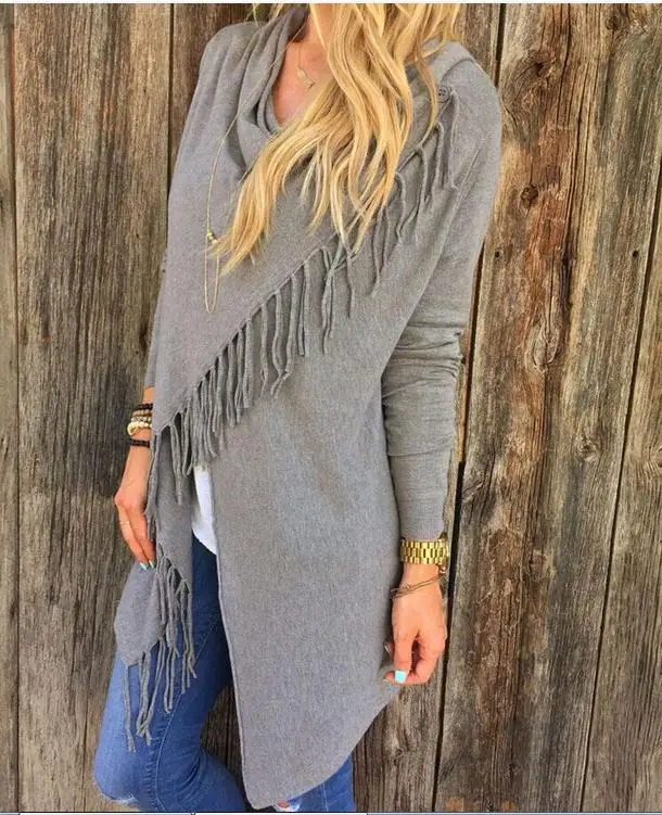 

Women's autumn and winter long slim classic tassel slash top