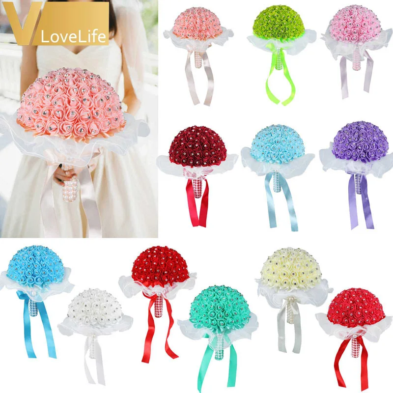 Искусственные цветы розы Posy красочные атласные стразы жемчужные белые кружевные