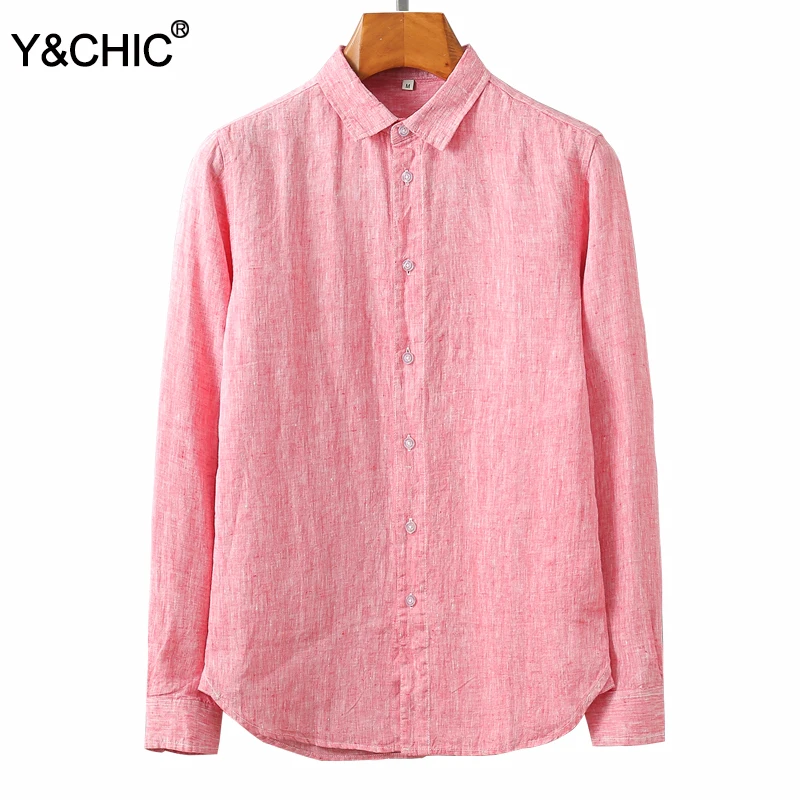 Y &amp CHIC Мужская Классическая однотонная льняная рубашка с длинным рукавом