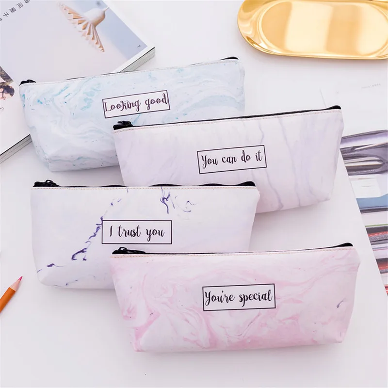 Новые японские студенты пенал из искусственной кожи Мрамор узор Простые Письма