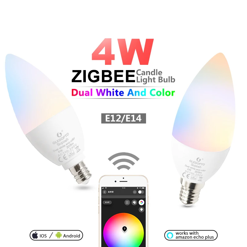 ZIGBEE светодиодный лампы E14 E12 4 Вт RGBCCT Свеча светильник ZLL Смарт приложение