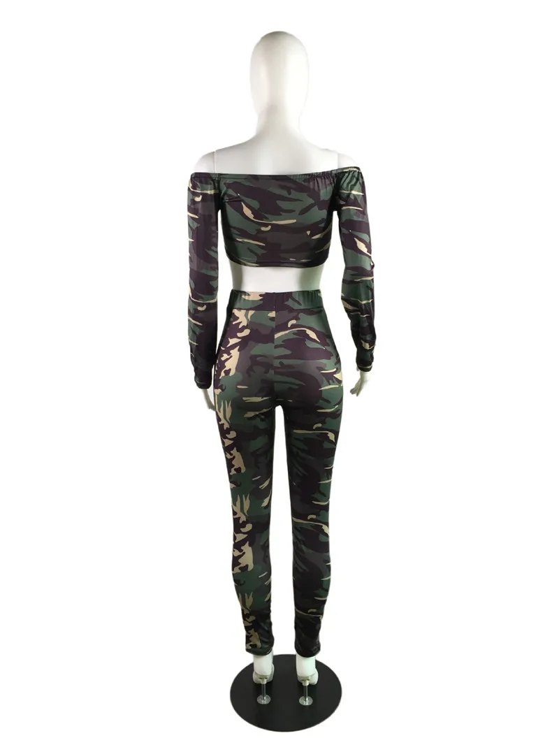 

New Casual Camouflage Two Piece Set Women Off The Shoulder Long Sleeve Button Up Crop Top and Pant Sets Military 2 Piece Outfits
