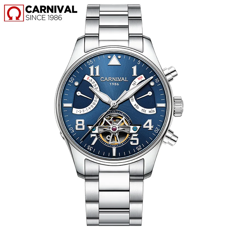 Silver Steel Blue Карнавальный Скелет Sandblast механические мужские часы водонепроницаемые светящиеся из нержавеющей стали Tourbillion Montre TopBrand Роскошные relogio - Цвет: Silver Steel Blue