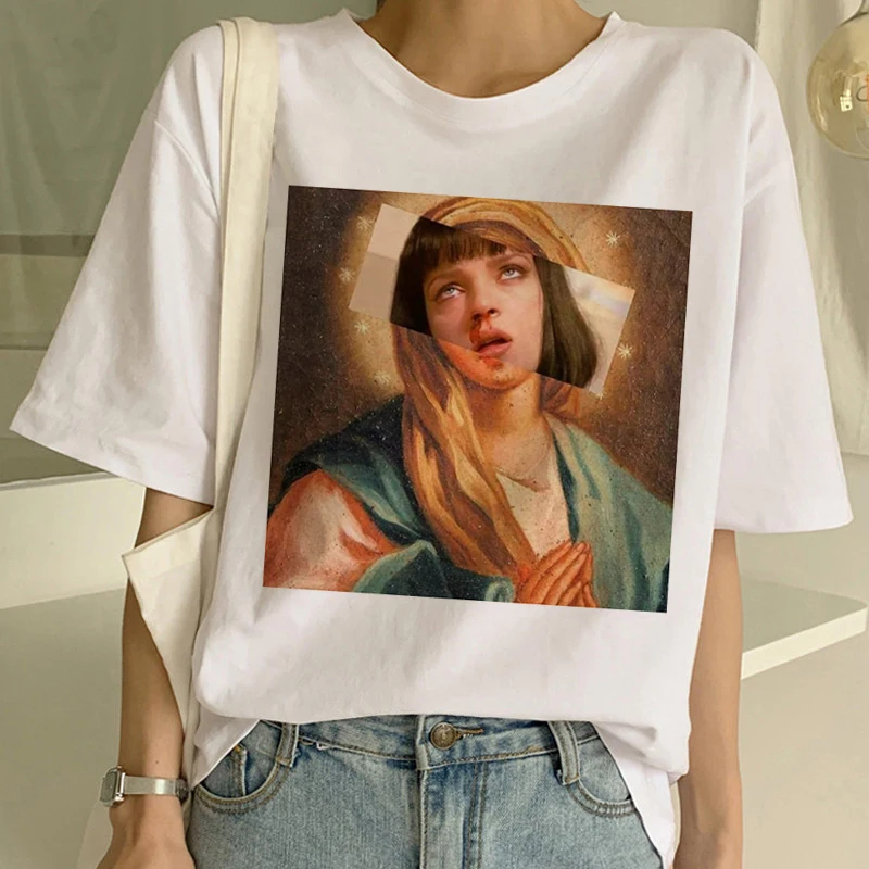 Топ с забавным принтом футболка для женщин Mia Ulzzang летняя модная Дева Мэри Миа