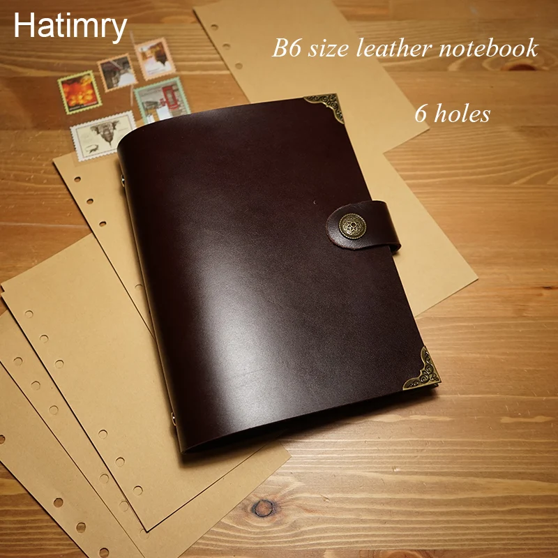 Hatimry Genuine leather jornal notebook  B6 size sparil button kraft paper sketch books brown color notebooks school supplies