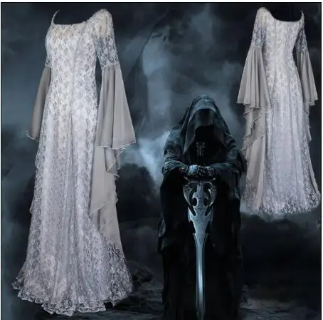 2019 винтажное средневековое платье женское кружевное макси с круглым вырезом и