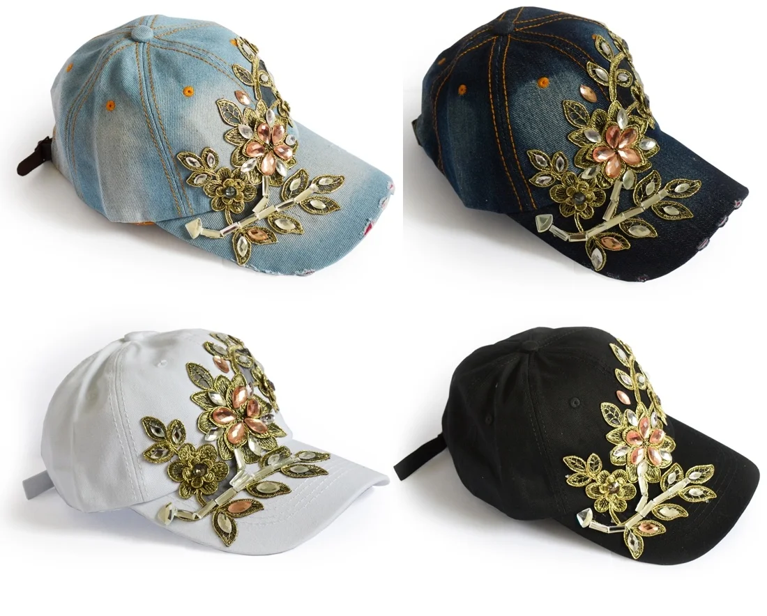 Women''s Applique Flower Rhinestone Studded Baseball Cap Bling Denim Tennis Hats | Аксессуары для одежды