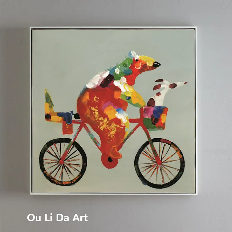 НОВЫЙ catoon медведь ездить на велосипеде печатания холст нож картины маслом