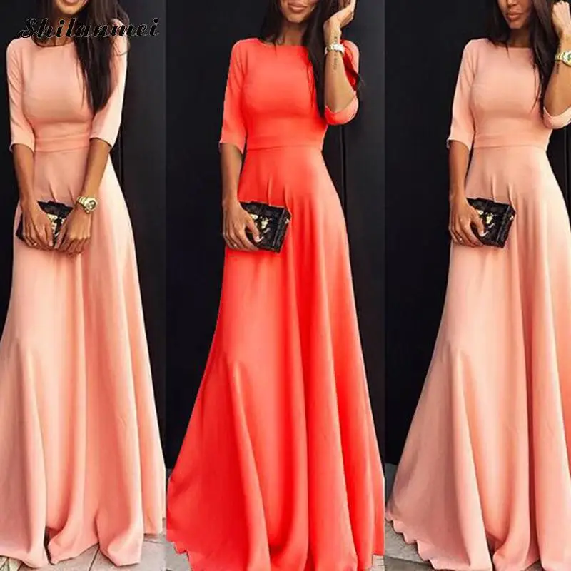 Розовое Элегантное длинное вечернее платье для женщин 2019 летнее однотонное