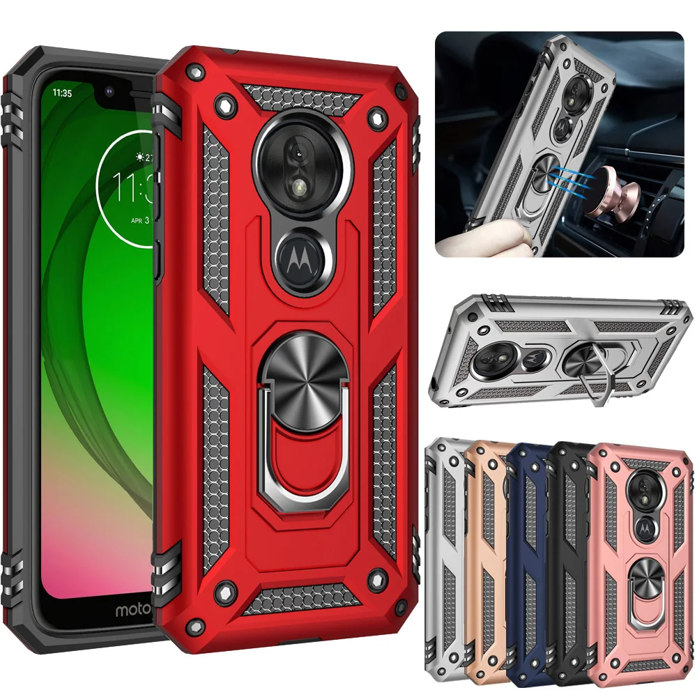 

For Motorola Moto G7 Play US version Dual Layer Military Armor Case Magnetic Ring Stand Slim Shockproof Hard Cover