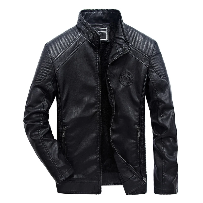 Мужская приталенная куртка из искусственной кожи черная Повседневная теплая