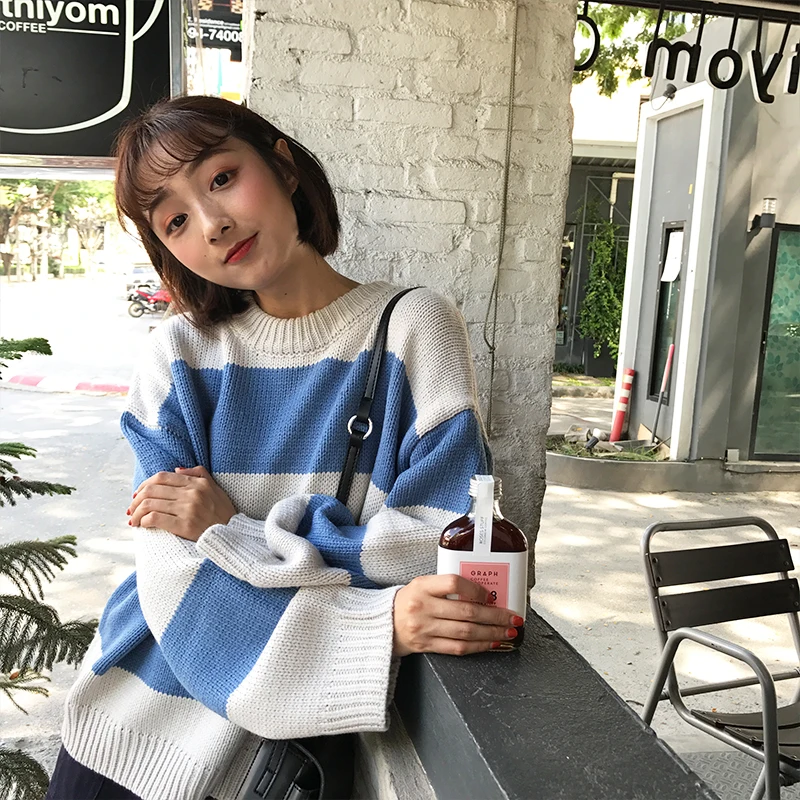 Пуловеры женские в широкую полоску с круглым вырезом свободные Harajuku корейский стиль уличная одежда свитер Топ женский пуловер Джемпер Высокое Качество Шик