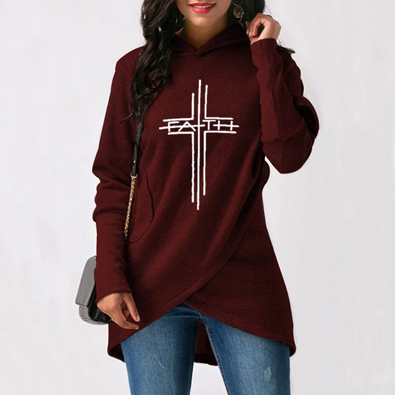 

2020 Autumn Winter Long Sleeve Pullover Women Hoodies Sweatshirts Cross Faith Print Hoodie Plus Size Christmas Warm Sweatshirt