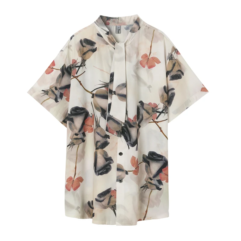 

M-XXL!Early summer tide rose print short-sleeved shirt tide men's bow tie color loose Korean shirt.