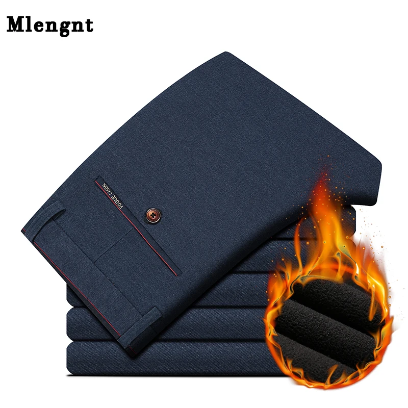Winter Business Suit Pants Fleece Autumn Casual Straight Stretch Warm Thick Streetwear Male Trousers Long Mid Waist Zipper | Мужская