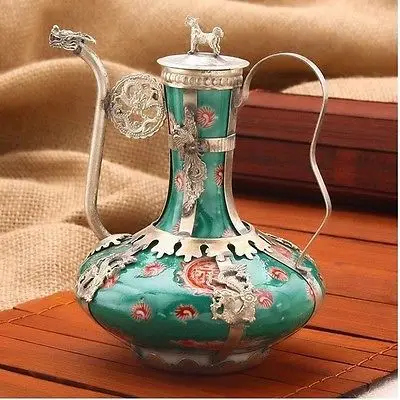 Ancient Exquisite Antique Tibet Silver Green Porcelain &ampquotgood health&ampquot Word Teapot decoration Tibetan word Wholesal | Дом и сад