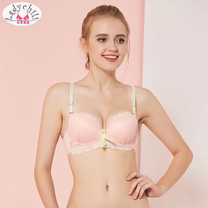 Женский интимный бюстгальтер ladyчили розовый кружевной с тонкой чашкой пуш ап