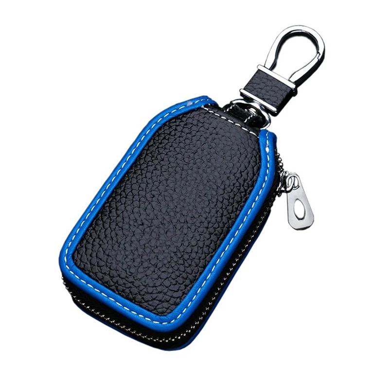 Black+Blue Leather Car Key Holder Keychain Fob Case Cover Wallet Bag Zipper | Автомобили и мотоциклы