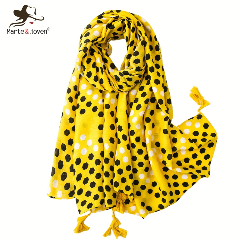 Marte&Joven Women Funny honeycomb Pattern Yellow Tassels Scarves Comfortable Spring Autumn Winter Warm Shawl Stole Female Hijab