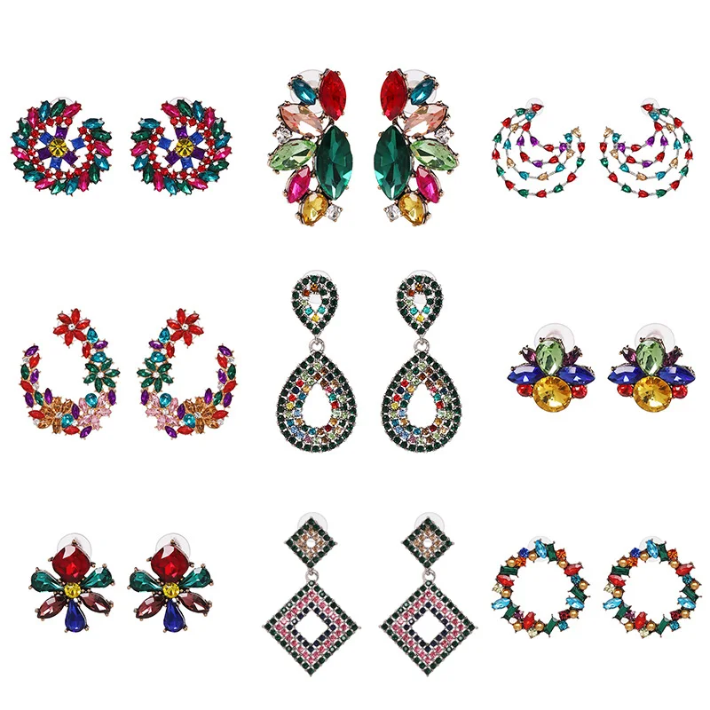 

Wholesale JUJIA Trendy Multicolored Crystal Stud Earrings Rhinestone Crystal Piercing Stud Earrings For Women Christmas Gift