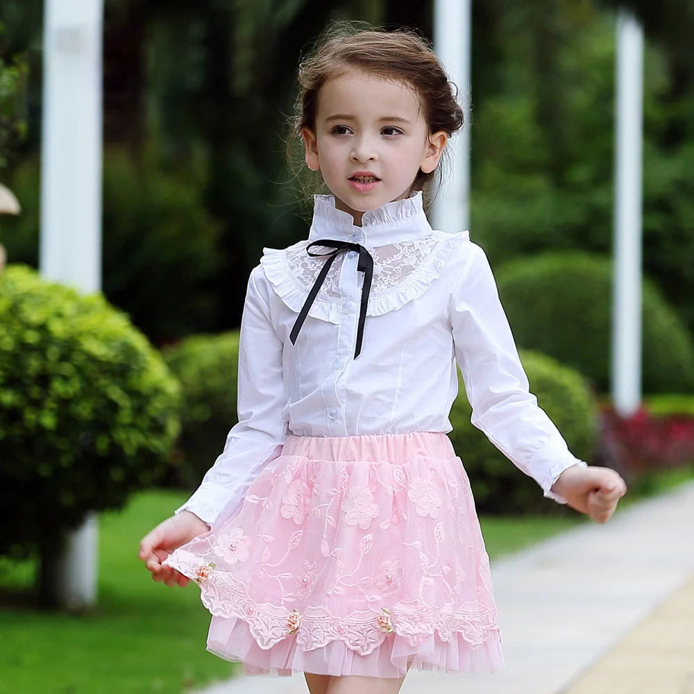 2017 весенне осенняя блузка для маленьких девочек розовая/белая одежда детская