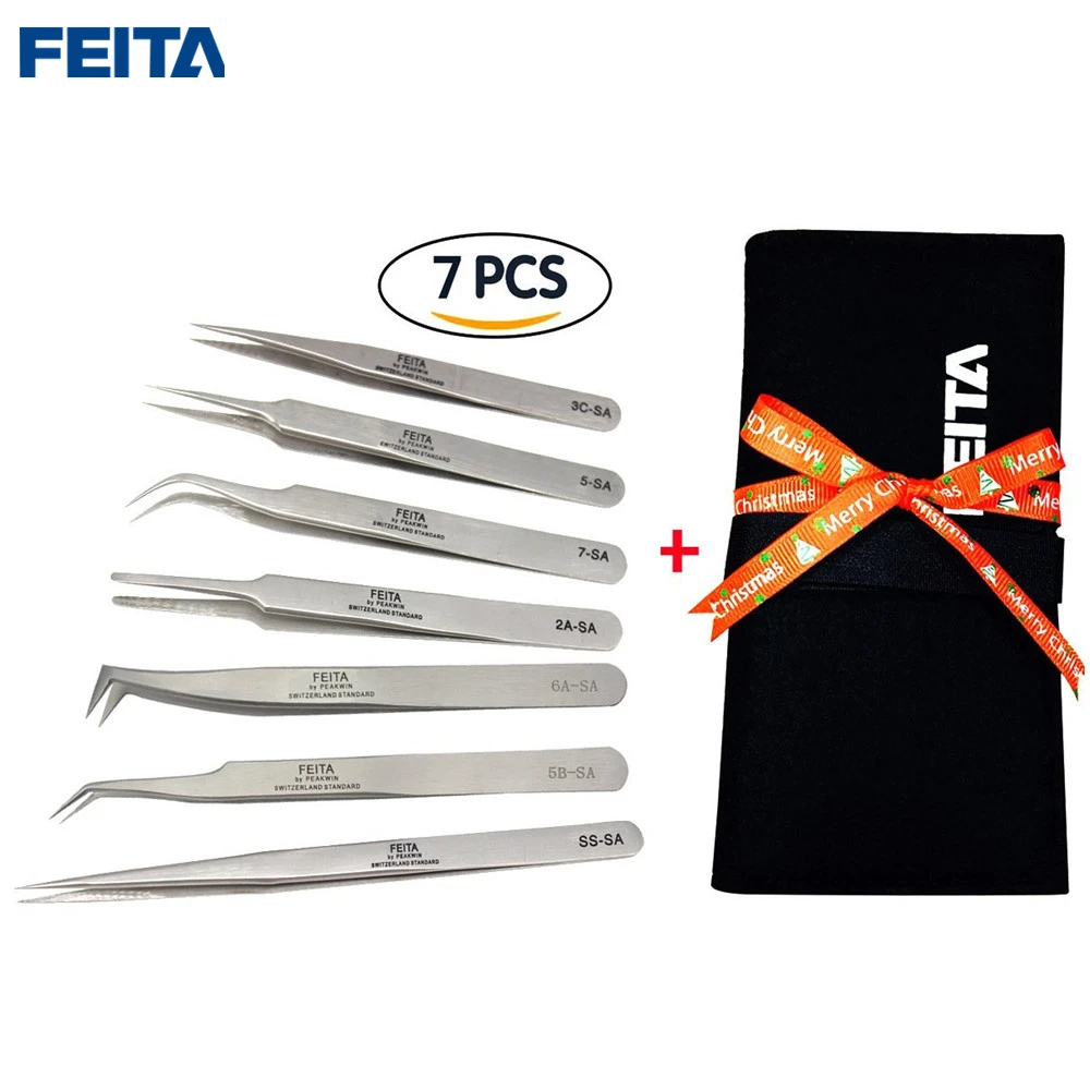 

FEITA Stainless Steel Tweezer Set Precision Tweezers Kit Tool With Carrying Bag for Beauty,Jewelry,Microelectronic,Crafts 7PC