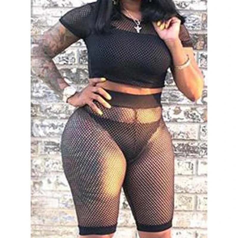 

Women 2 Piece Set Sexy Hollow Out Mesh Crop Top Shorts Club Outfits Short Sleeve Clothes Solid Women 2 Piece Set Womens Clothing