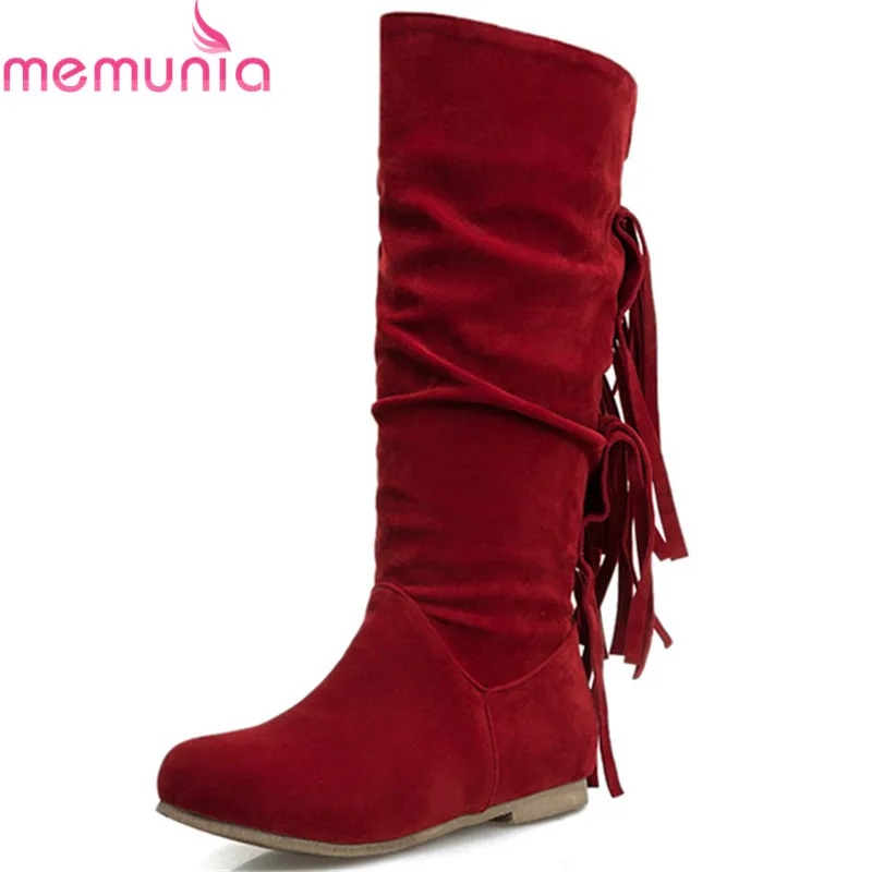 

MEMUNIA 2021 Новое поступление женские сапоги до середины икры из флока с круглым носком бахромой без застежки осенние сапоги простая мода на низ...