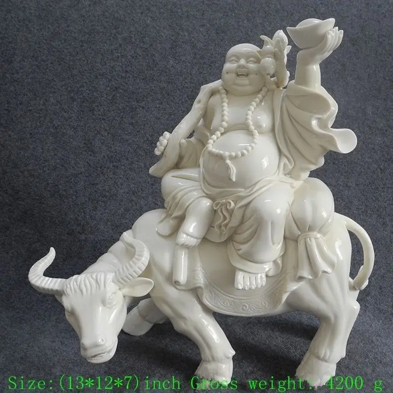 

33cm dehua porcelain laughing Buddha riding a cow thriving business gourd statue porcelain crafts family Christmas decorations