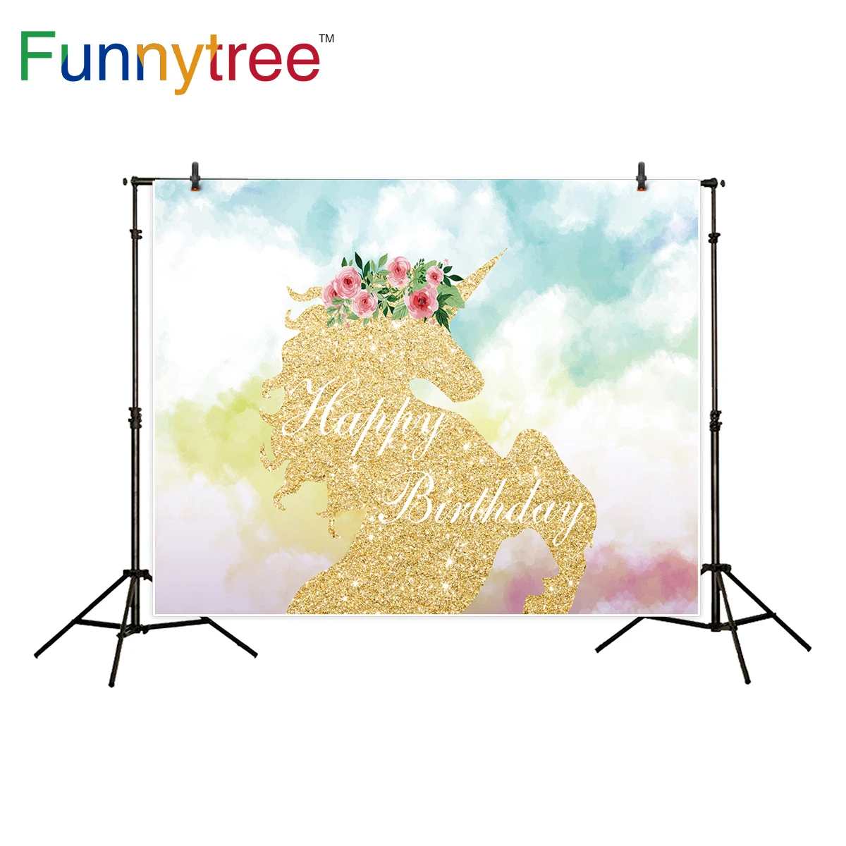 Фон Funnytree для фотосъемки с золотым единорогом красочным небом цветами на день